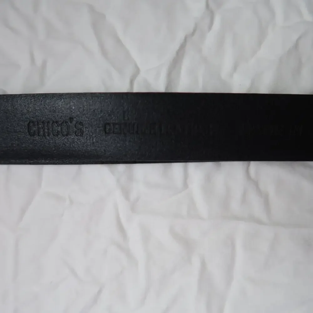 Vintage Chico's Black Leather Adjustable Belt Gold Interlocking Hook M